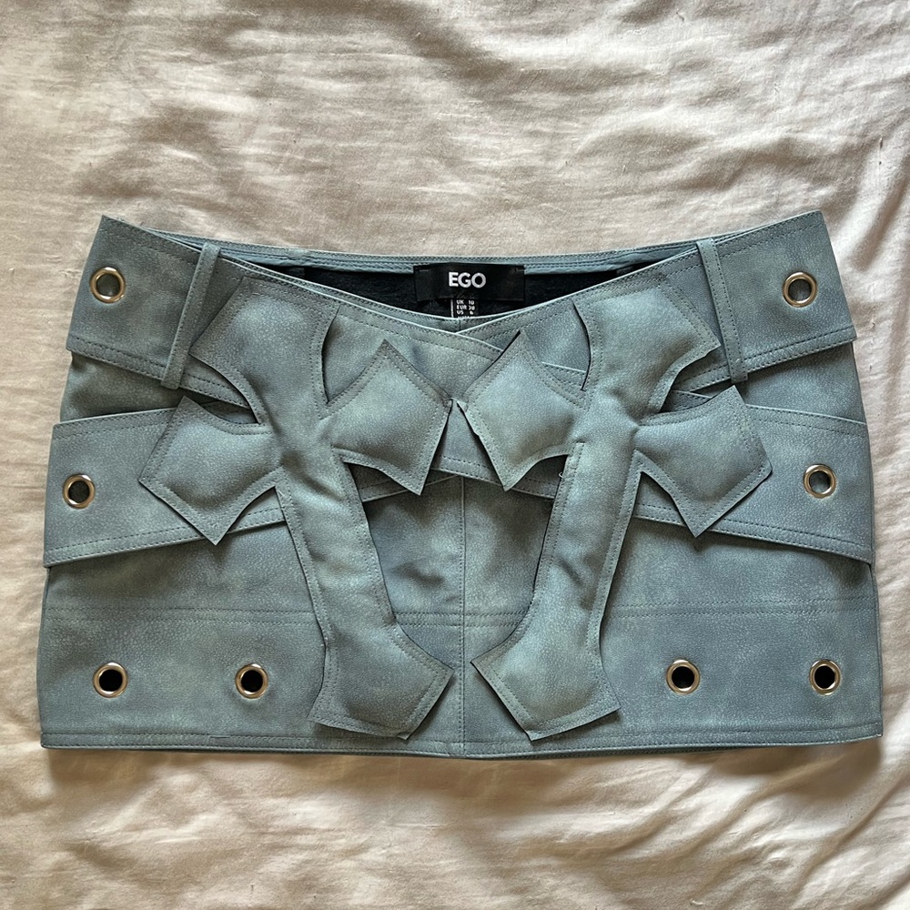 DO NOT PURCHASE (ON HOLD): EGO Light Blue Faux Leather Cross Mini Skirt